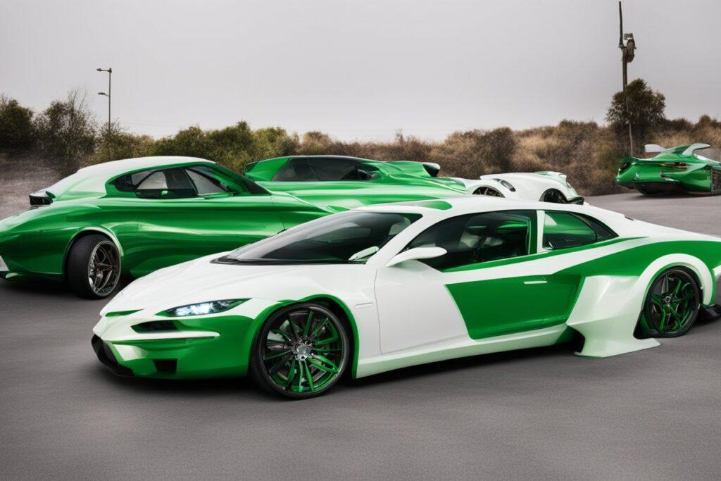 Green and White sports cars