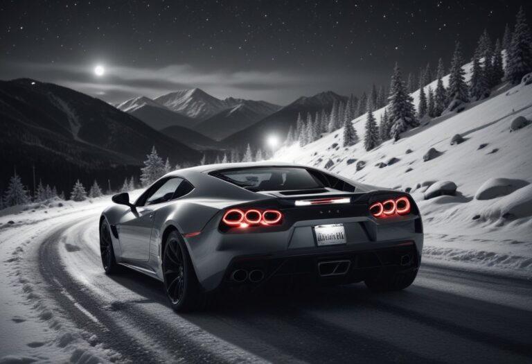 A silver black car in race on best snowy route